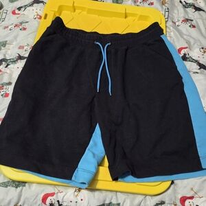 Men's Athletic Drawstring Shorts in Black with Blue Trim